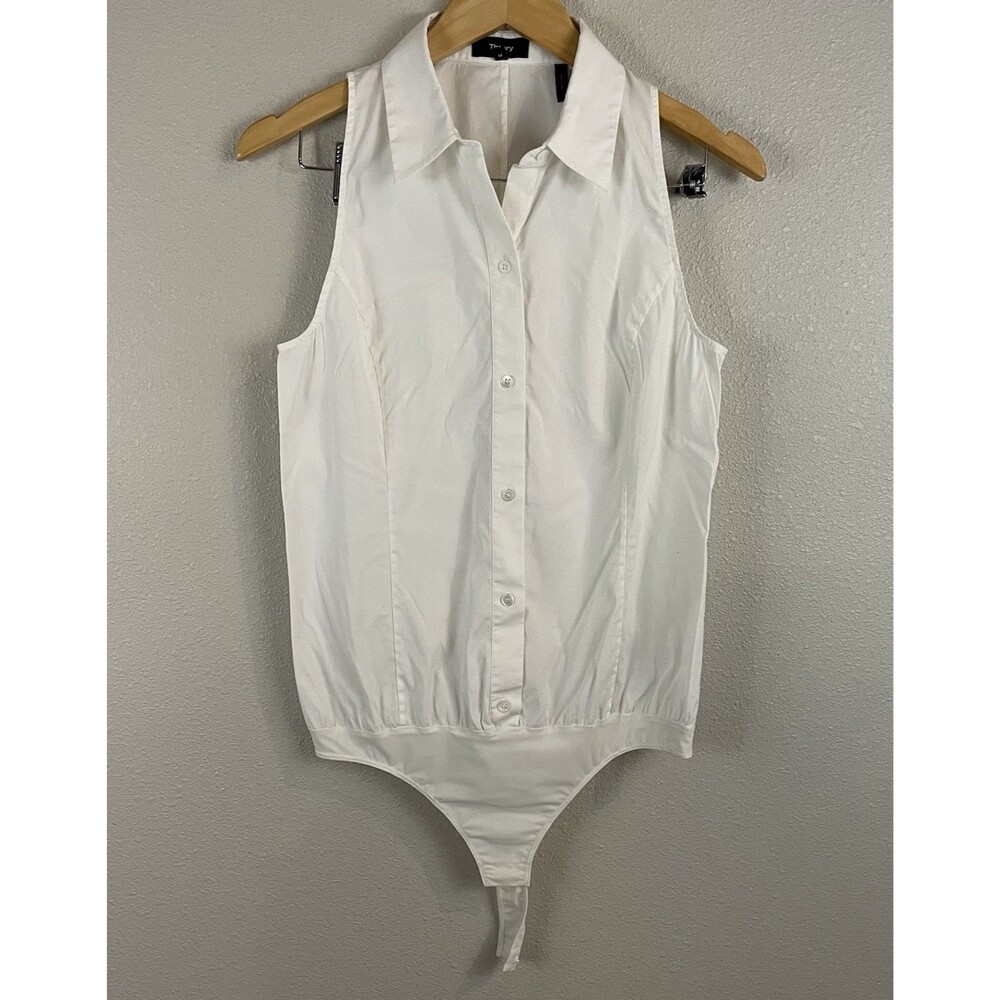 Theory Size M White Natasya Luxe Collar Sleeveless Bodysuit Minimalist Capsule